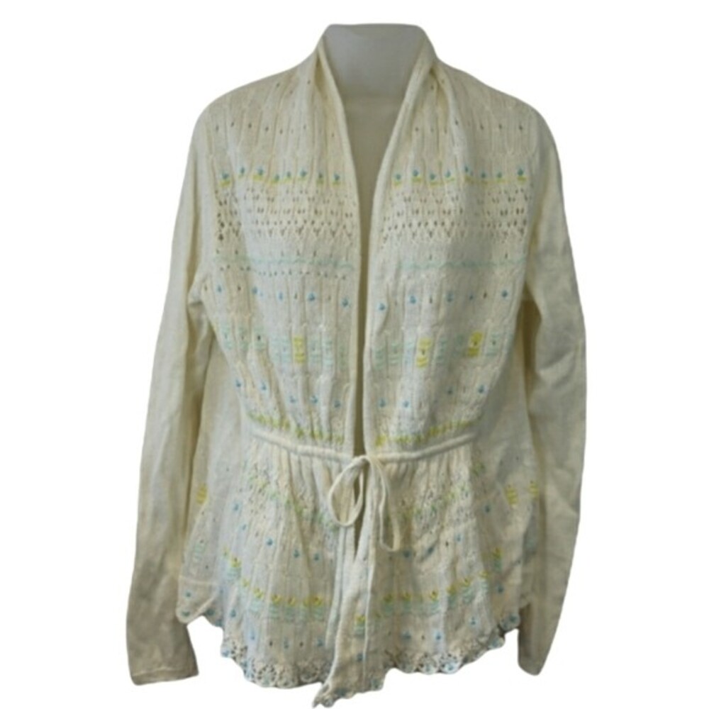 Anthropologie Moth Lace Cardigan Sweater LG Spring Pastel Feminine Linen